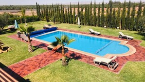 A rectangular swimming pool with a surrounding deck, lounge chairs, and palm trees. - Superb villa in Marrakech 4435 (Marrakech)