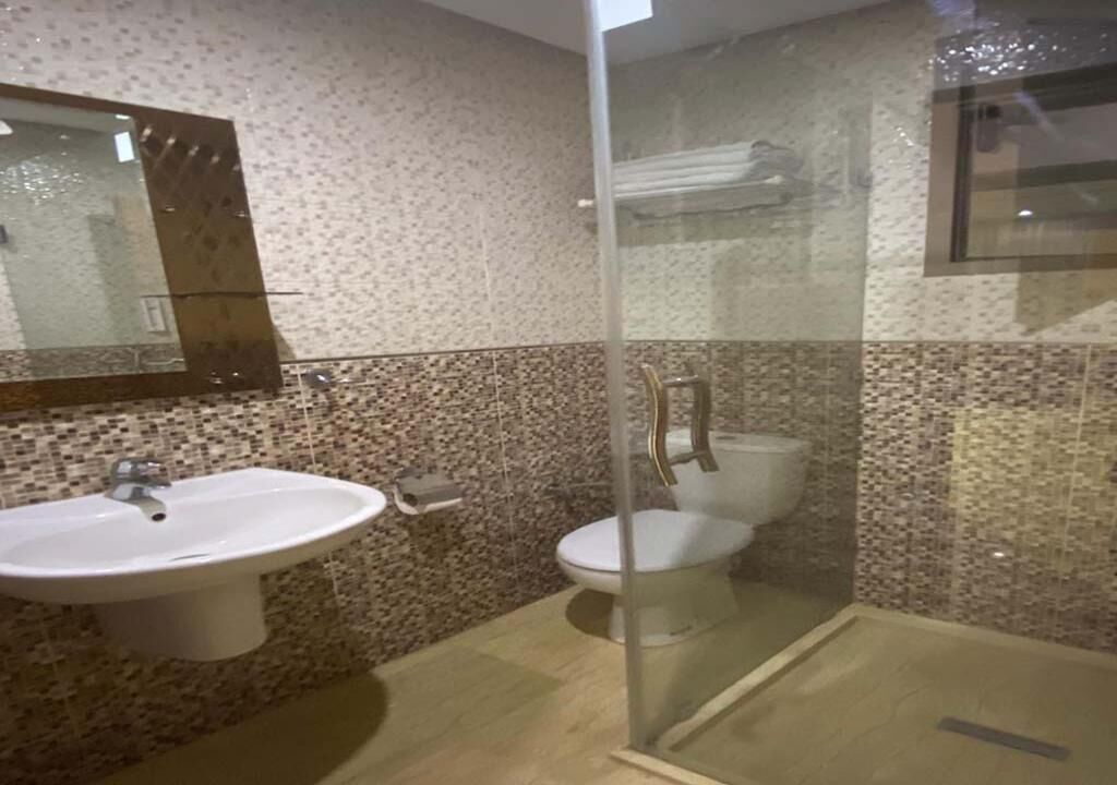 Casa de banho com cabine de chuveiro em vidro, lavatório e sanita.