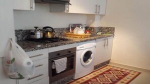 Een kleine keuken met een kookplaat, spoelbak en een wasmachine.