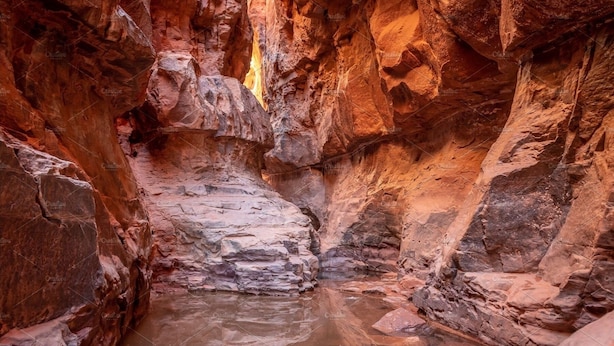 A narrow canyon with rocky walls and a small pool of water at the bottom.