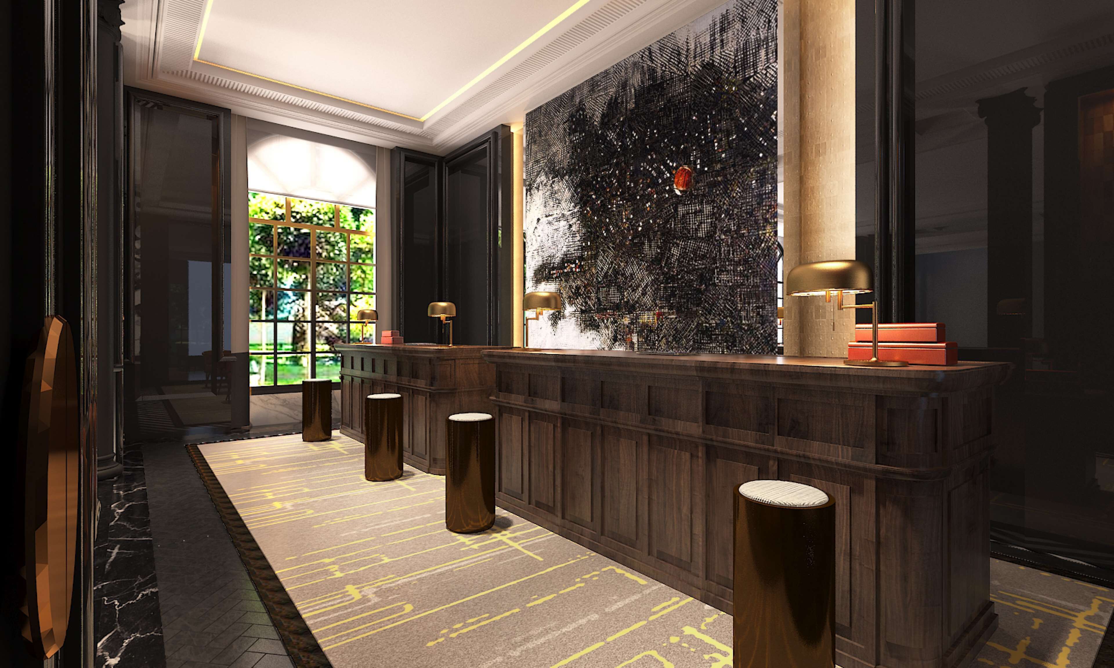 Een lobby met een receptiebalie, een groot abstract kunstwerk aan de muur, en uitzicht op groen buiten.