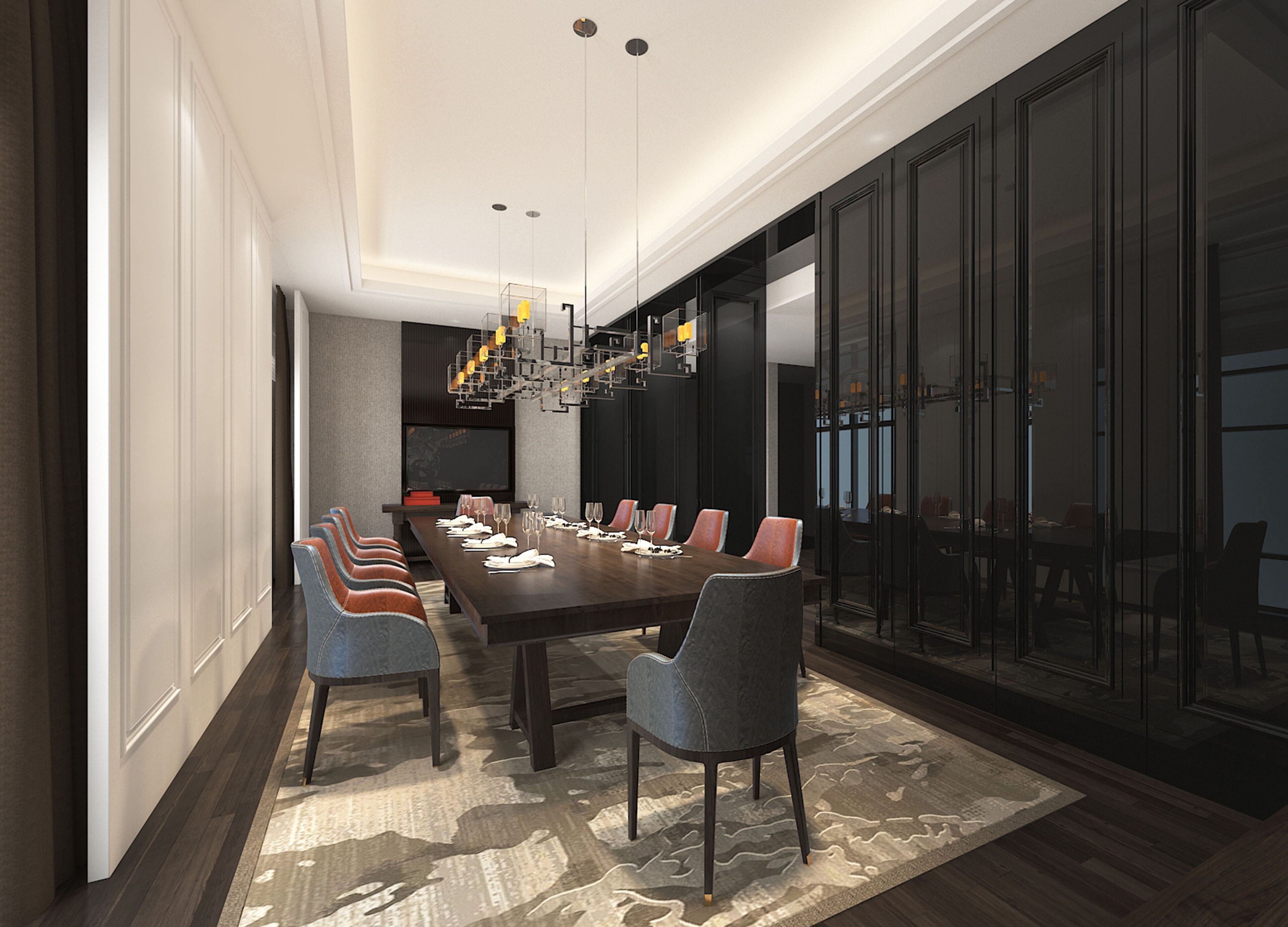 Uma área de refeições moderna com uma mesa comprida, várias cadeiras e um candelabro.
