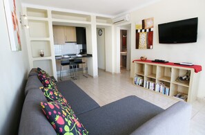 Televisie, een dvd-speler, boeken en een stereo