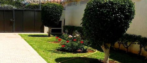A well-maintained garden with a paved walkway, neatly trimmed hedges, and flowering plants.