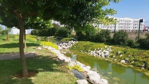 Ein angelegter Garten mit Teich, Steinen und einem Baum.