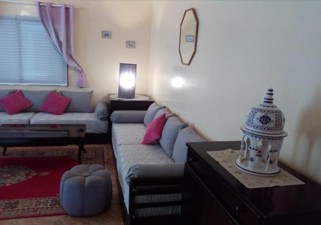 Un salon comprenant un canapé, un pouf, une table basse, une lampe et des objets de décoration.