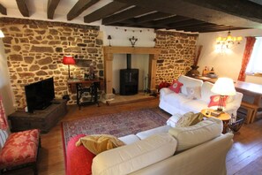 Smart-tv, eldstad, dvd-spelare och böcker