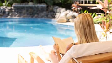 Outdoor pool, pool umbrellas, pool loungers