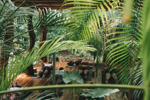A yoga class in a lush, indoor garden with wooden flooring and large green plants. - Hotel Guiones (Nosara)