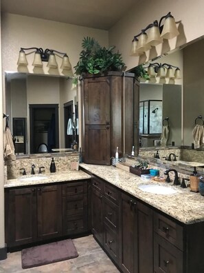 Hair dryer, towels, soap, shampoo
