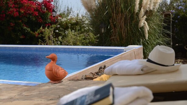 A poolside area with a duck figurine, a hat, and towels.