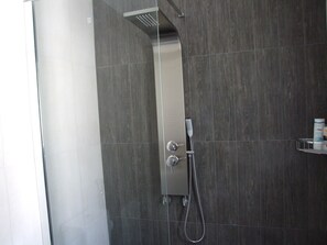 Hair dryer, towels, soap, shampoo