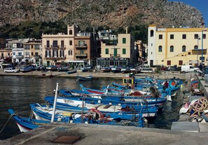 A harbor with boats docked, buildings in the background, and a rocky hillside.