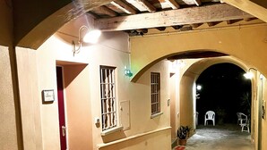 Un estrecho callejón con suelo de baldosas, plantas en macetas y un tapete rojo.