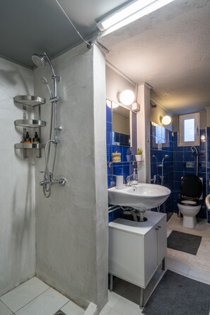 Hair dryer, towels, soap, shampoo