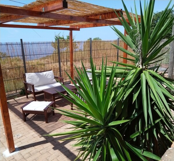 A patio area with wooden furniture, a pergola, and a large green plant.