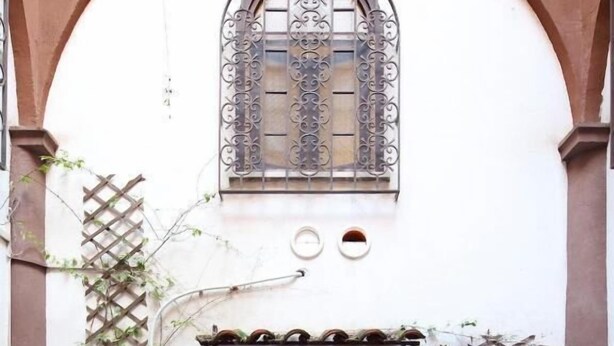 A doorway with a wrought iron gate, a potted plant on the left, and a potted plant on the right. - Duplex Apartment (Roma)