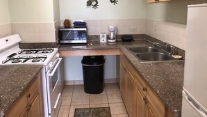 Cocina compacta con estufa a gas, microondas, tostadora y lavabo.
