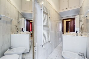 Hair dryer, towels, toilet paper