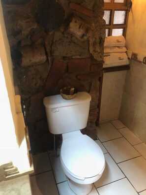 A small bathroom with a white toilet, a stone wall, and a window.