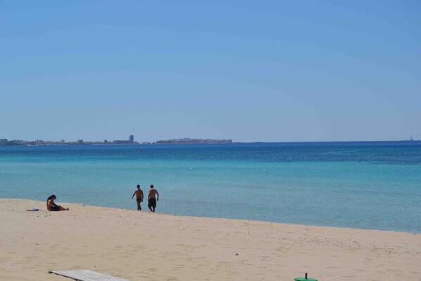 A beach with a clear sky, calm sea, and distant cityscape.