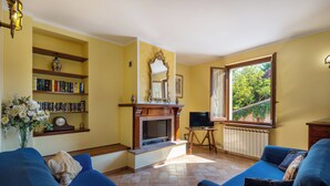 Una sala de estar con chimenea, estanterías, un sofá y un televisor.