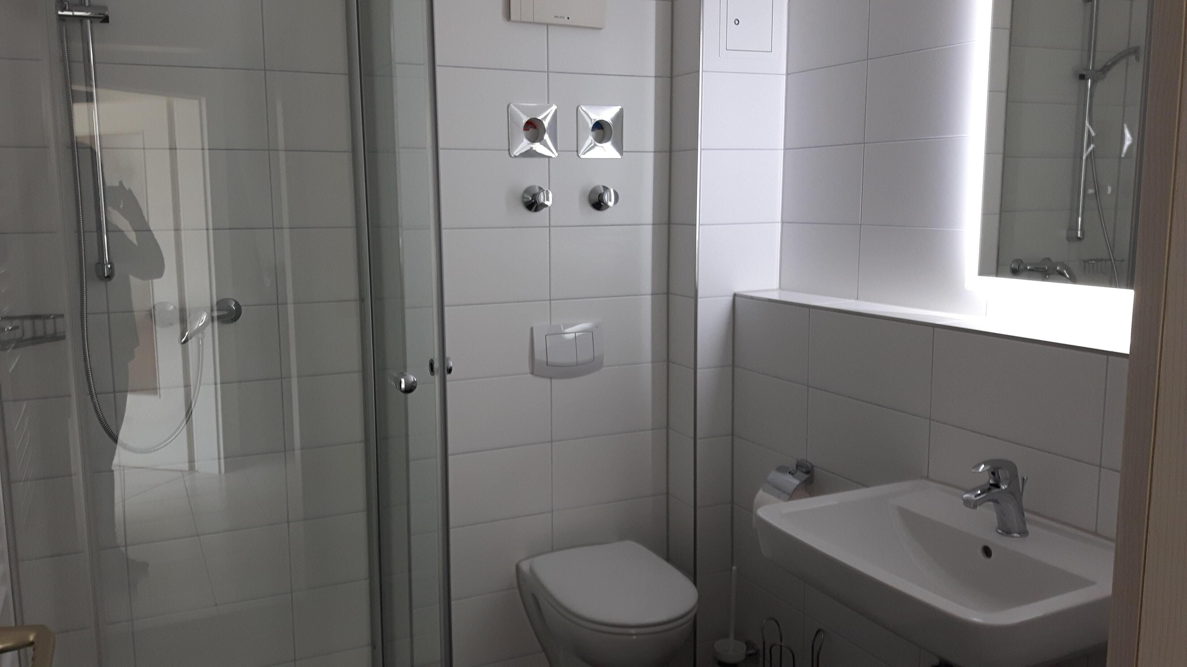 Ett badrum med en dusch som är avskärmad med glasväggar, en toalett och ett handfat med en spegel ovanför.
