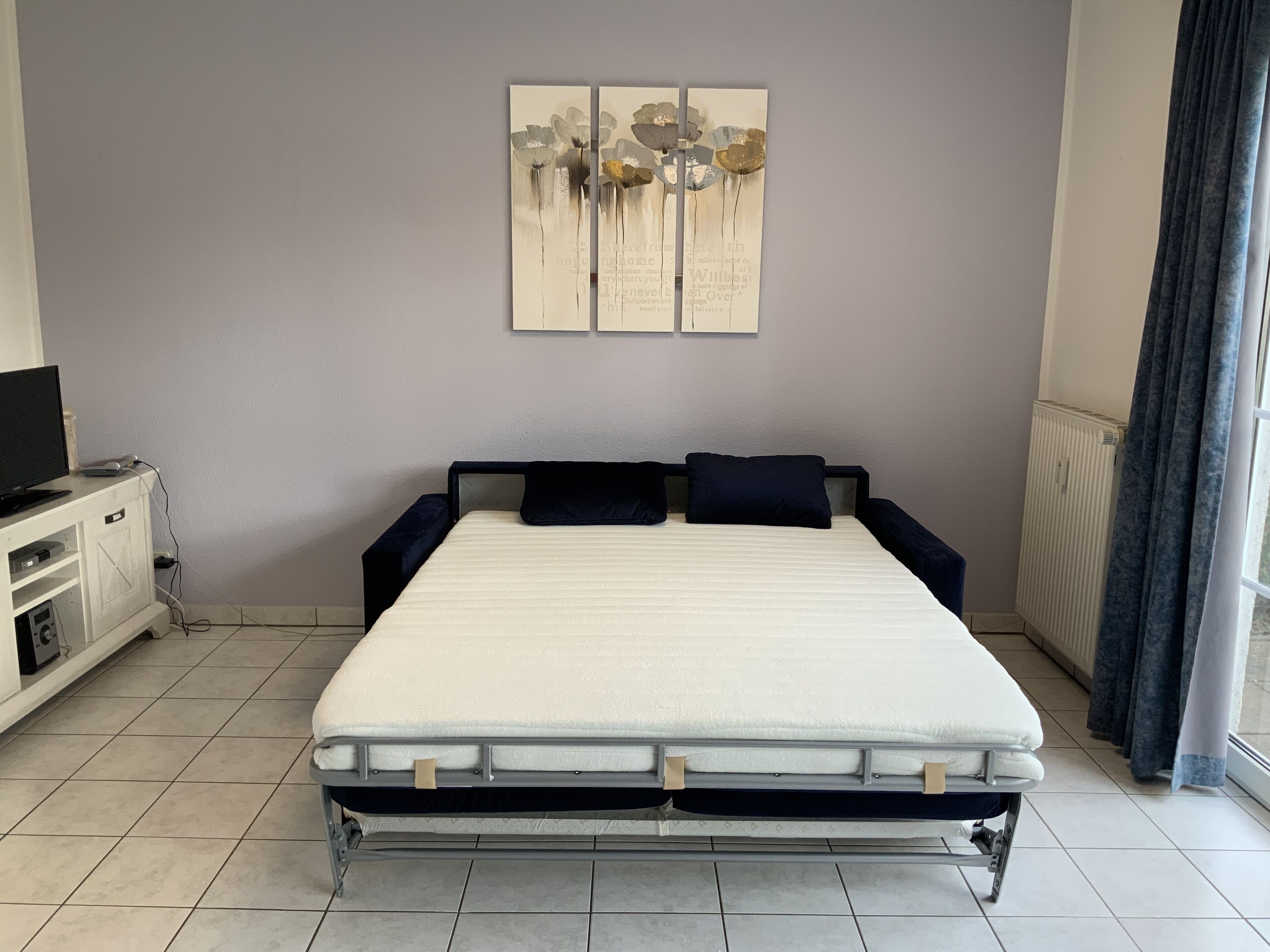 A modern bedroom with a metal frame bed, a flat-screen TV on a white cabinet, and a radiator near the window.