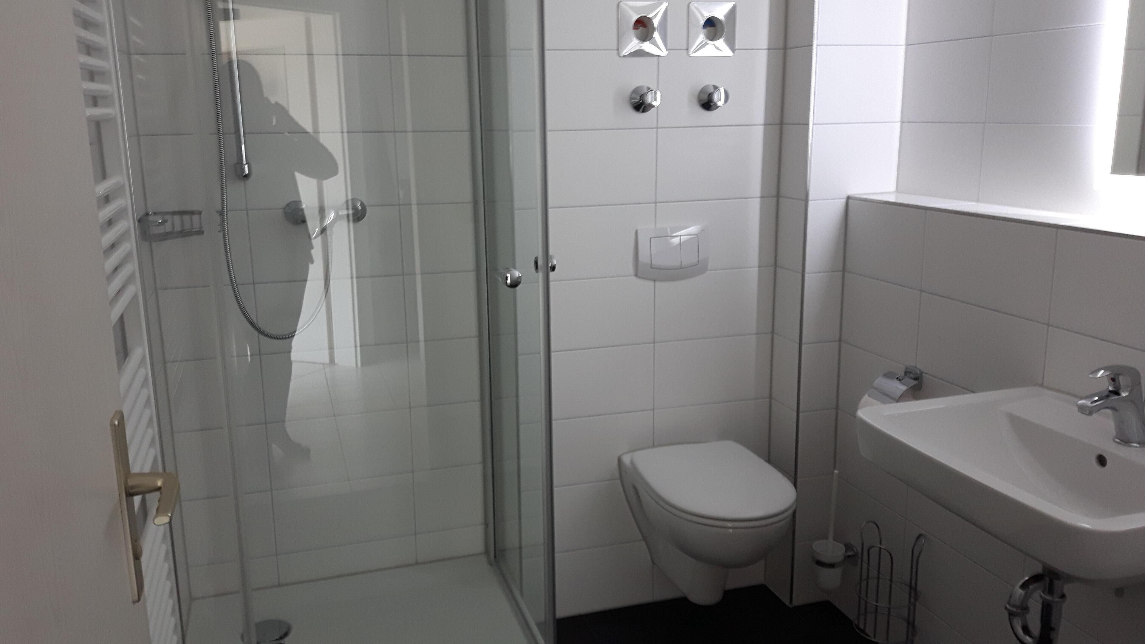 A modern bathroom with a glass-enclosed shower, a toilet, and a sink with a mirror above.
