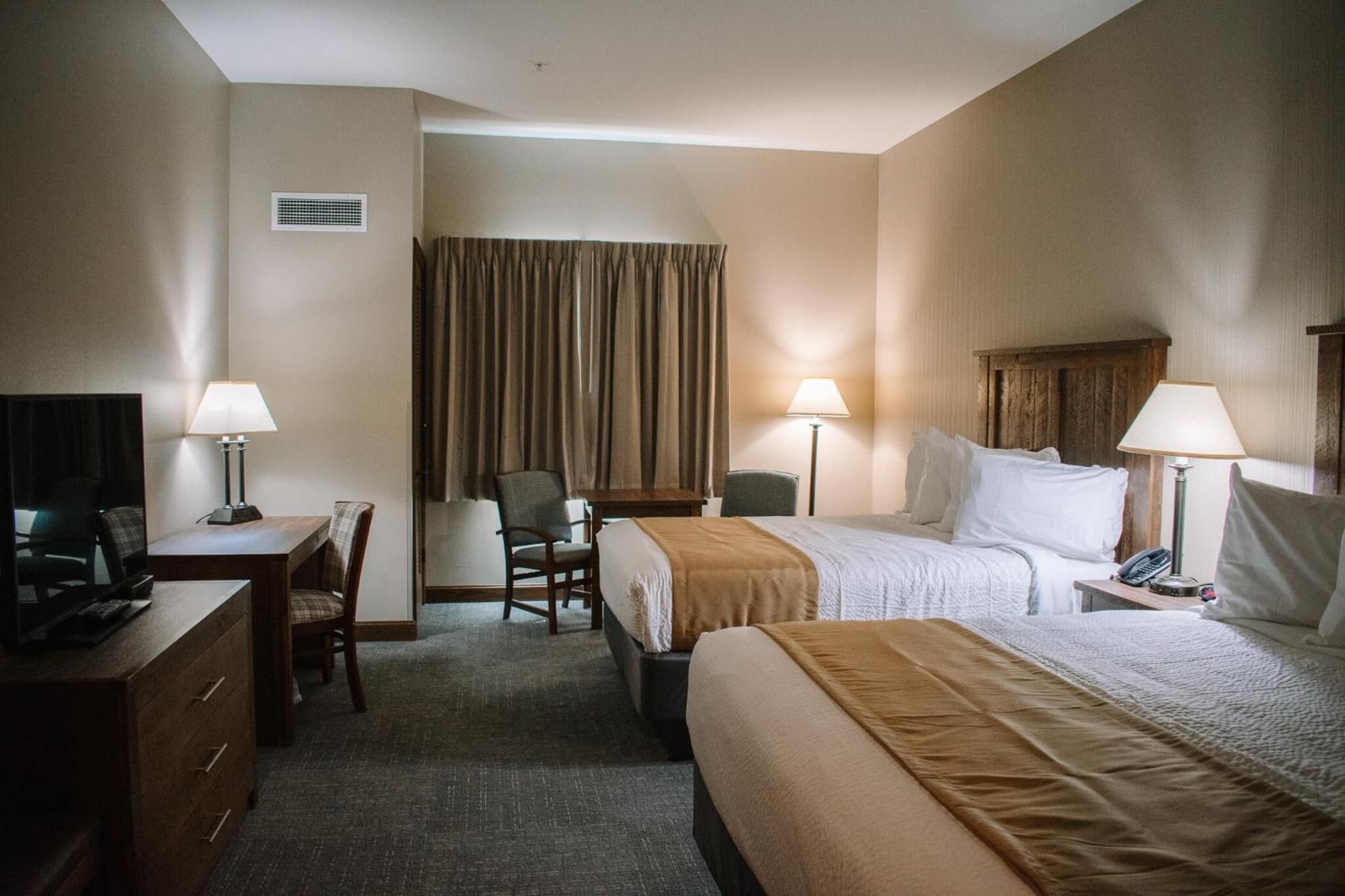 standard king & queen | desk, laptop workspace, blackout curtains, iron/ironing board