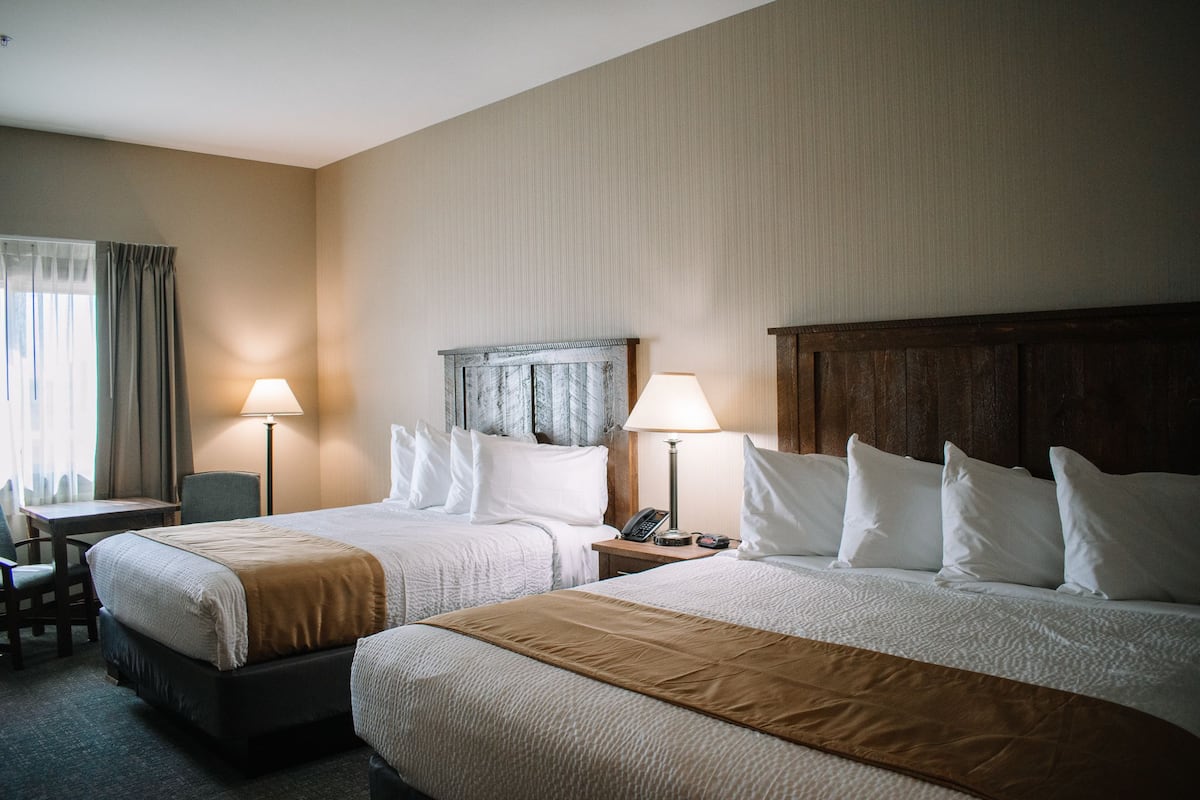 desk, laptop workspace, blackout curtains, iron/ironing board