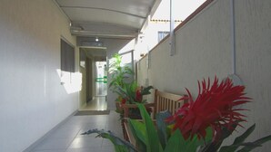 Un pasillo con mostrador de recepción, plantas en macetas y piso de baldosas.