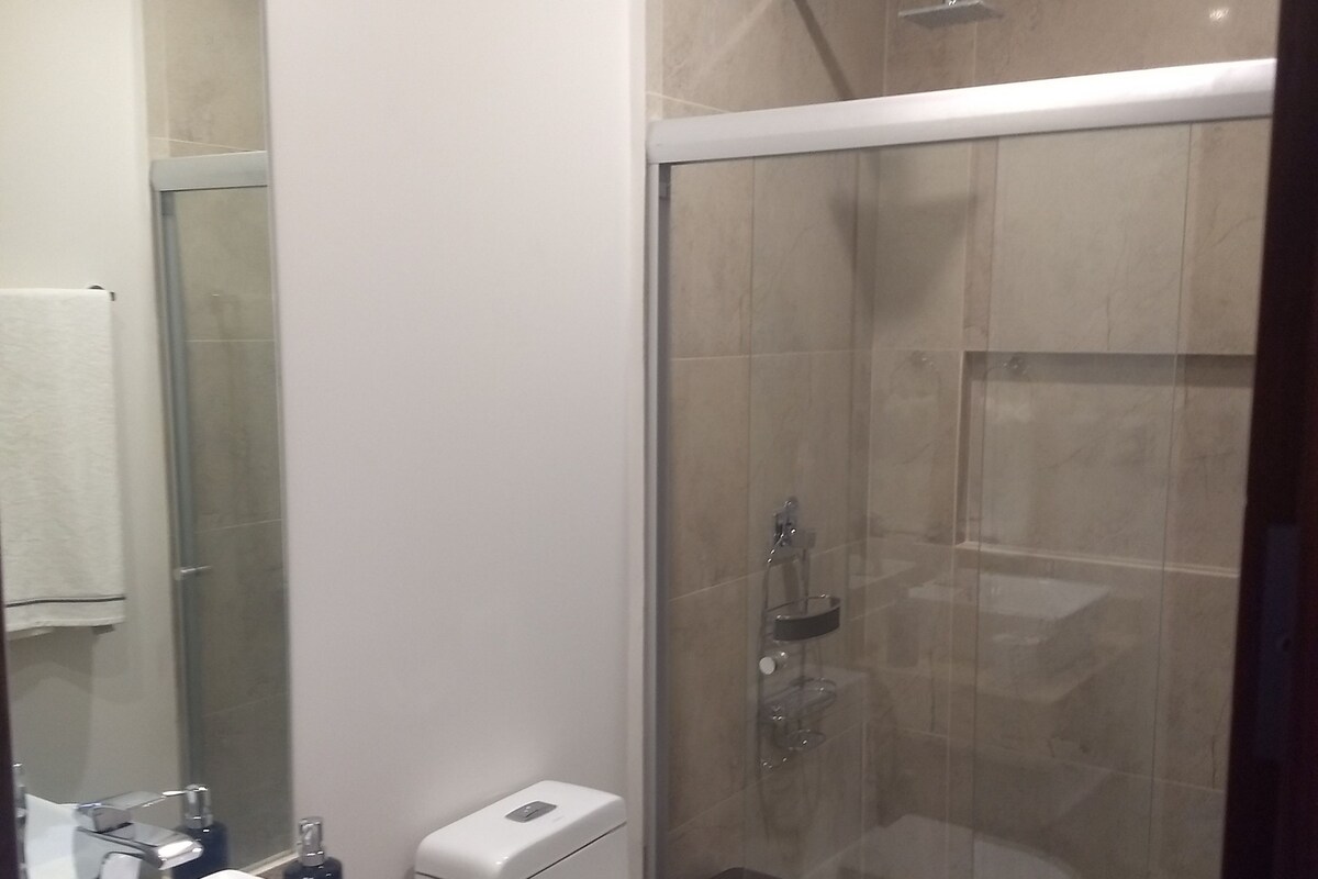 A modern bathroom with a glass-enclosed shower, a white sink, and a toilet.