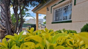 Um edifício com fachada bege, moldura de janela verde e corrimão branco na janela. Há plantas verdes em primeiro plano.