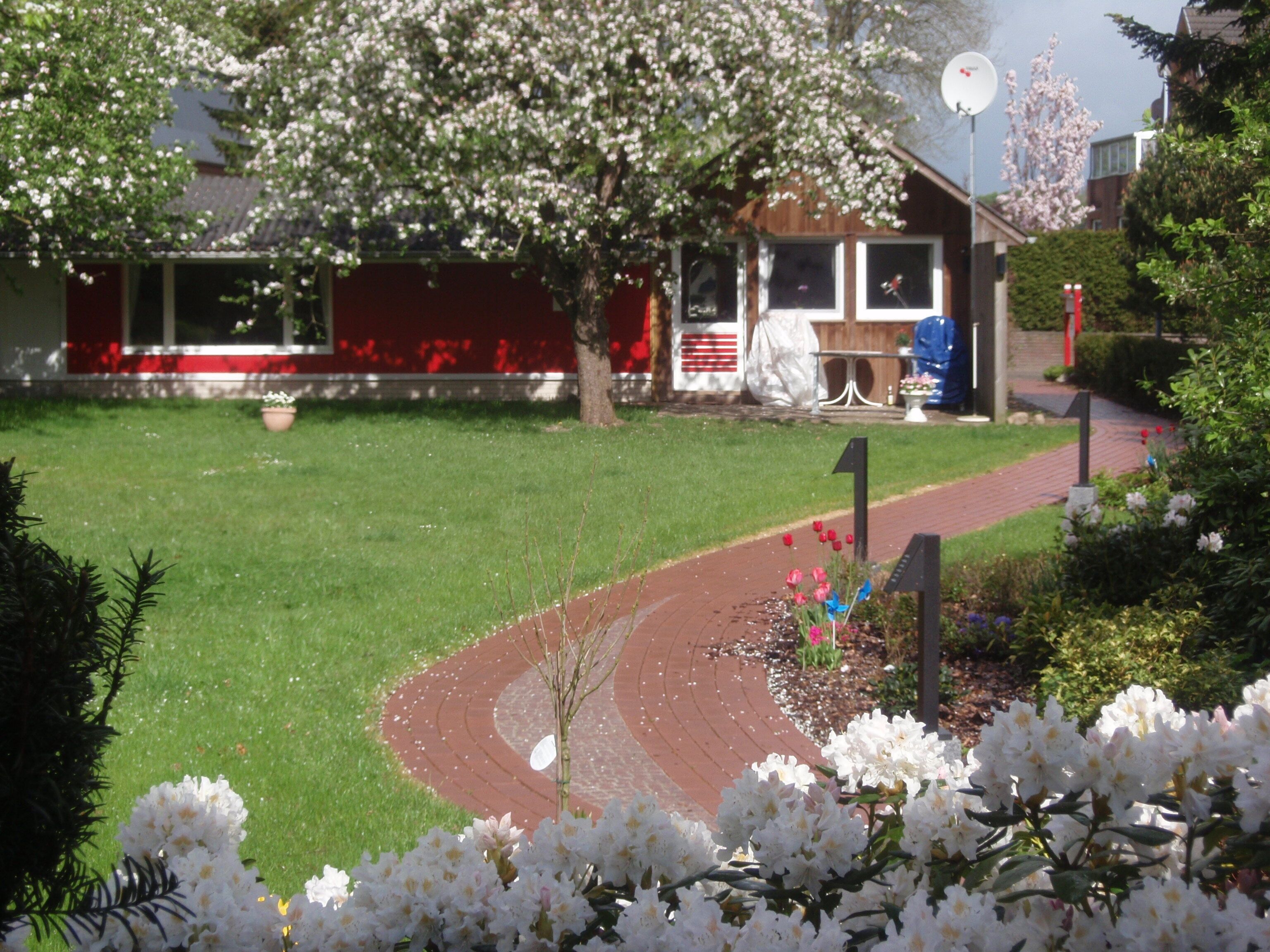 A pathway leading to a building with a red roof, surrounded by greenery and white flowers.