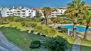 Zona residencial con piscina rodeada de palmeras y céspedes cuidados.