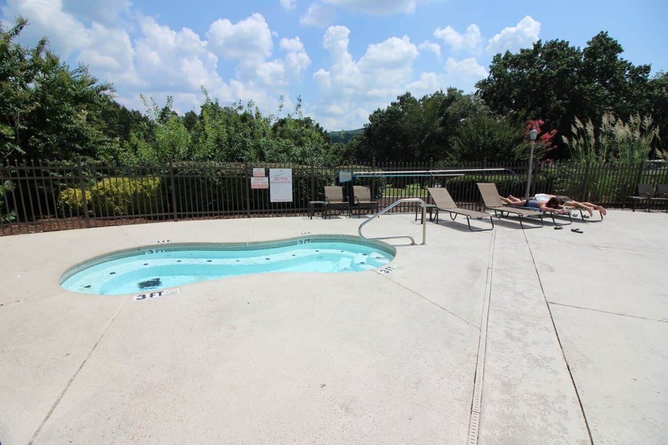 Una piscina con idromassaggio, circondata da lettini e un'area recintata con alberi sullo sfondo.