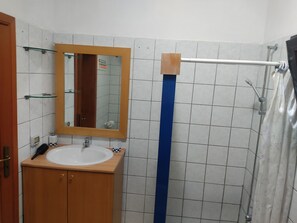 Shower, hair dryer, bidet, towels
