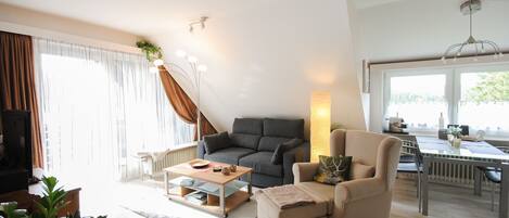 Een televisie, een dvd-speler, boeken en een muziekbibliotheek