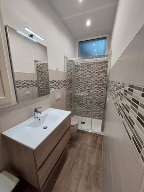 Shower, hair dryer, towels, toilet paper