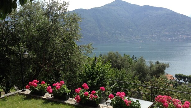 Un jardin agrémenté de fleurs roses en pot, un sentier en pierre et une vue sur un lac, avec des montagnes en arrière-plan.