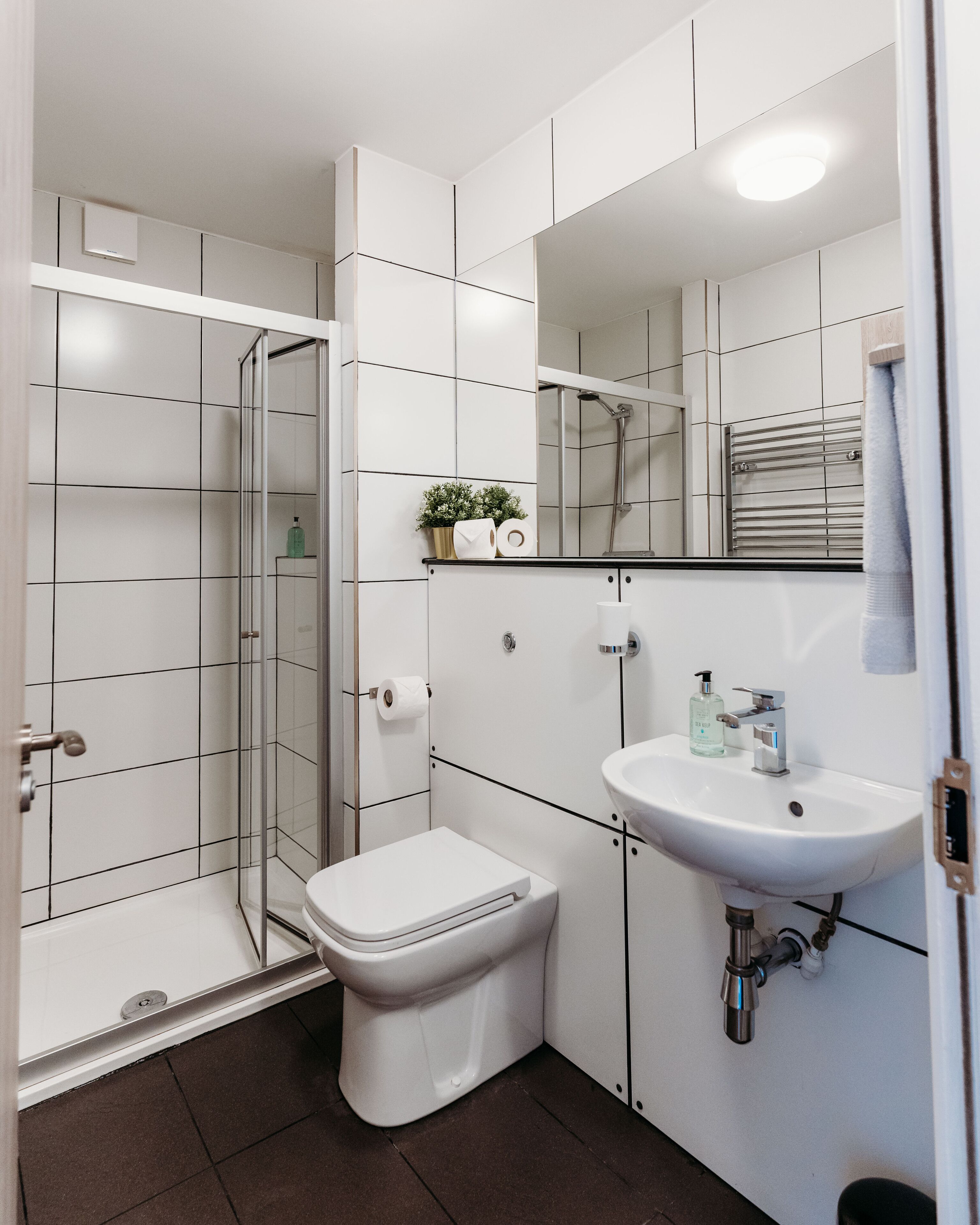 A modern bathroom with a glass shower enclosure, a toilet, a sink, and a mirror.