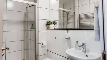 A modern bathroom with a glass shower enclosure, a toilet, a sink, and a mirror.