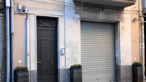 Un edificio con una puerta oscura cerrada y un persiana gris enrollada. En la planta baja, hay dos macetas con plantas.