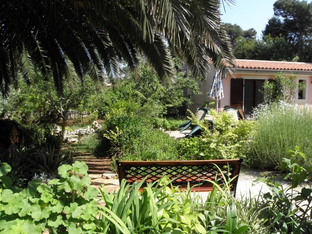 A garden with a bench, a pathway, and a building with a tiled roof.