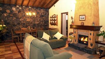 Een smart-tv, een open haard, boeken en een muziekbibliotheek