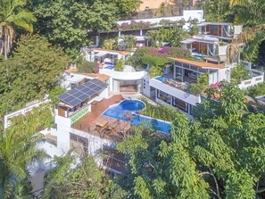 Une maison moderne dotée d’une piscine, de panneaux solaires et d’une végétation luxuriante.