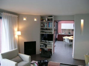 Smart TV, fireplace, DVD player, books