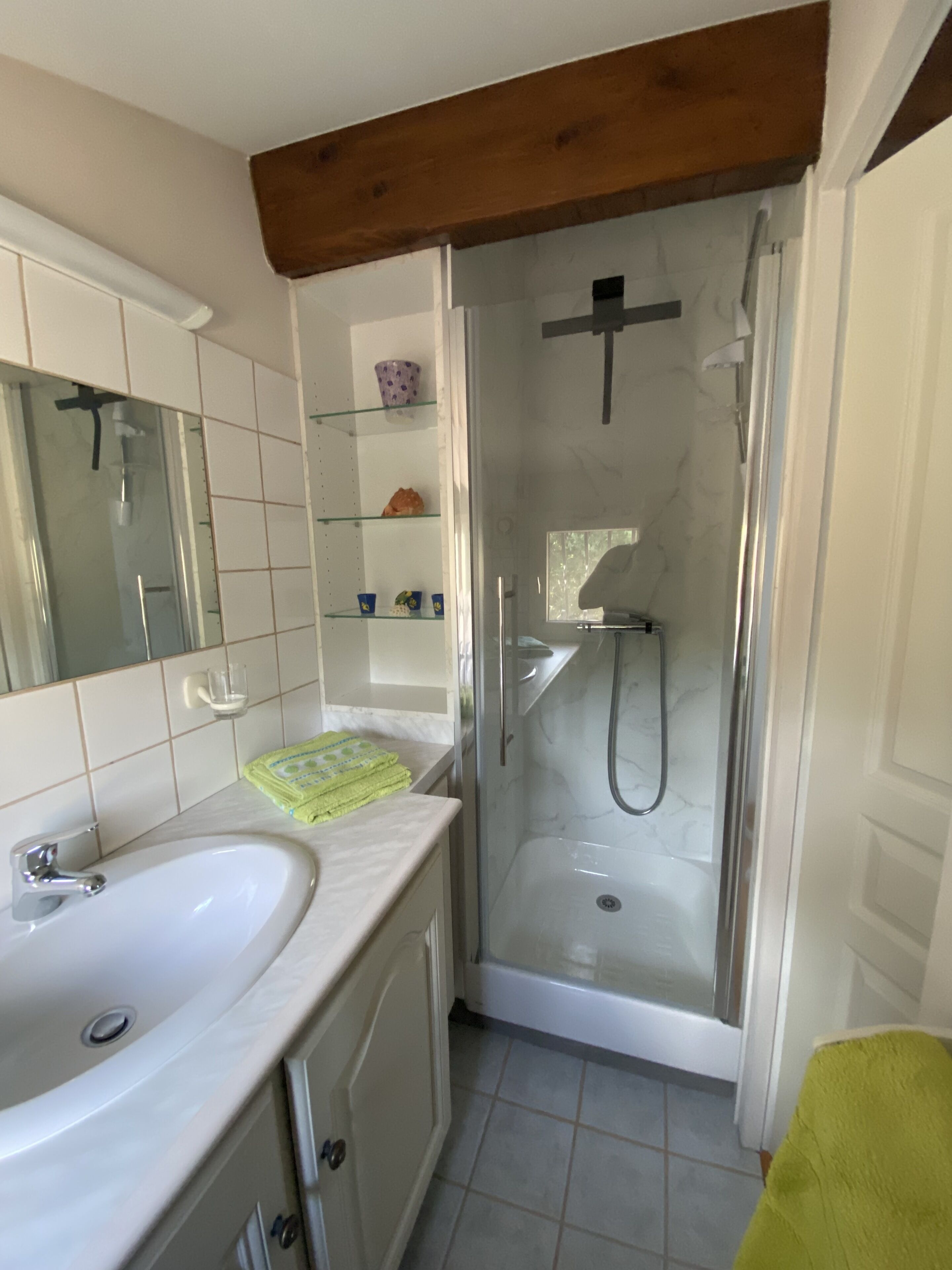 Ein Badezimmer mit Dusche, Waschbecken und Spiegel.