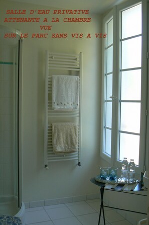 Chuveiro, secador de cabelo, toalhas de banho, shampoo